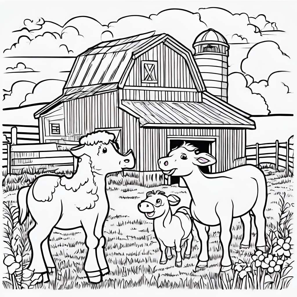 Farm animals with a barnhouse