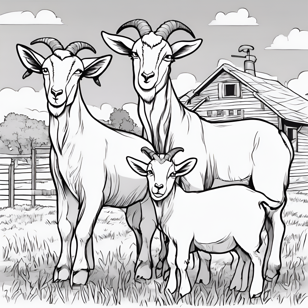 3 goats with a farmhouse coloring page