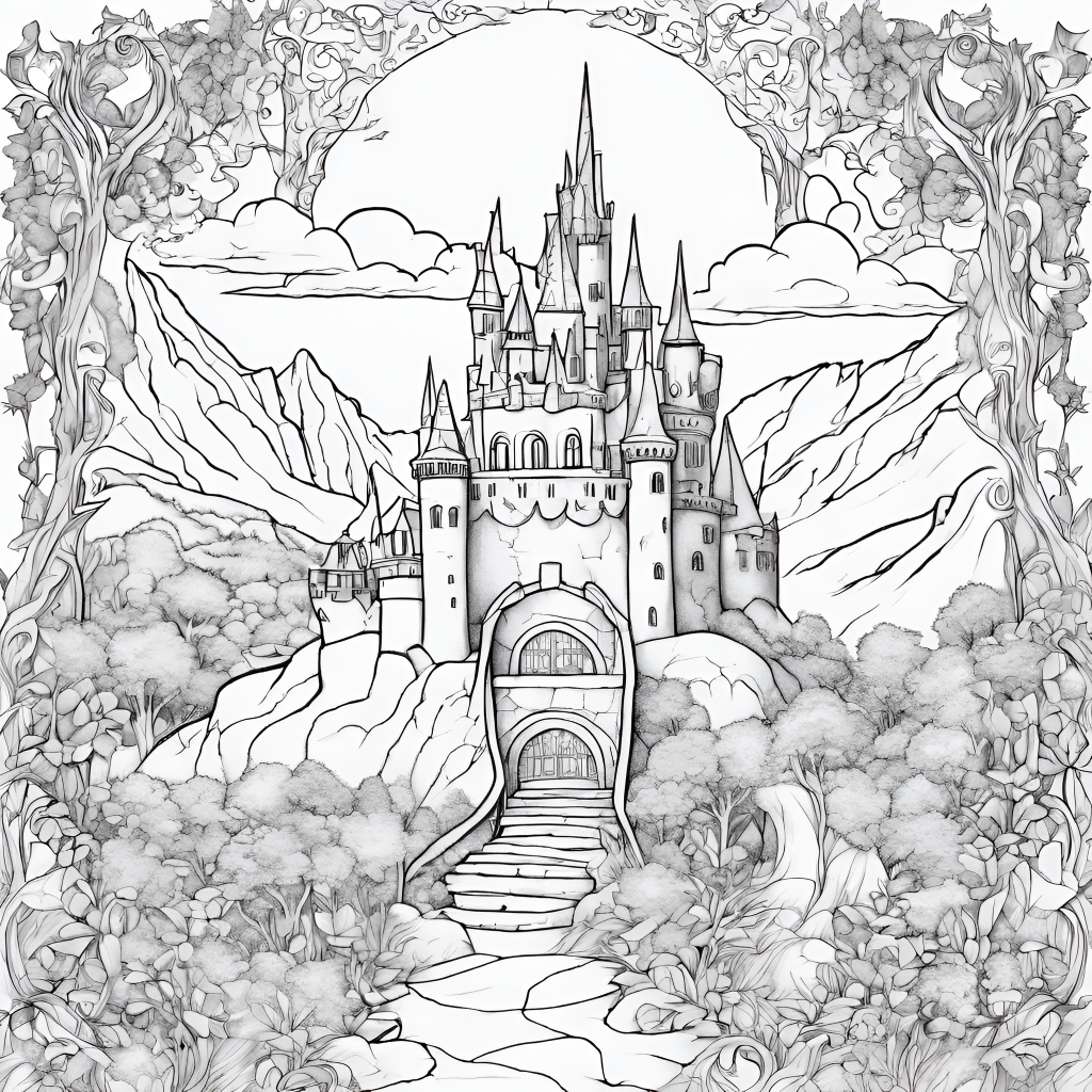 castle with mountains coloring page