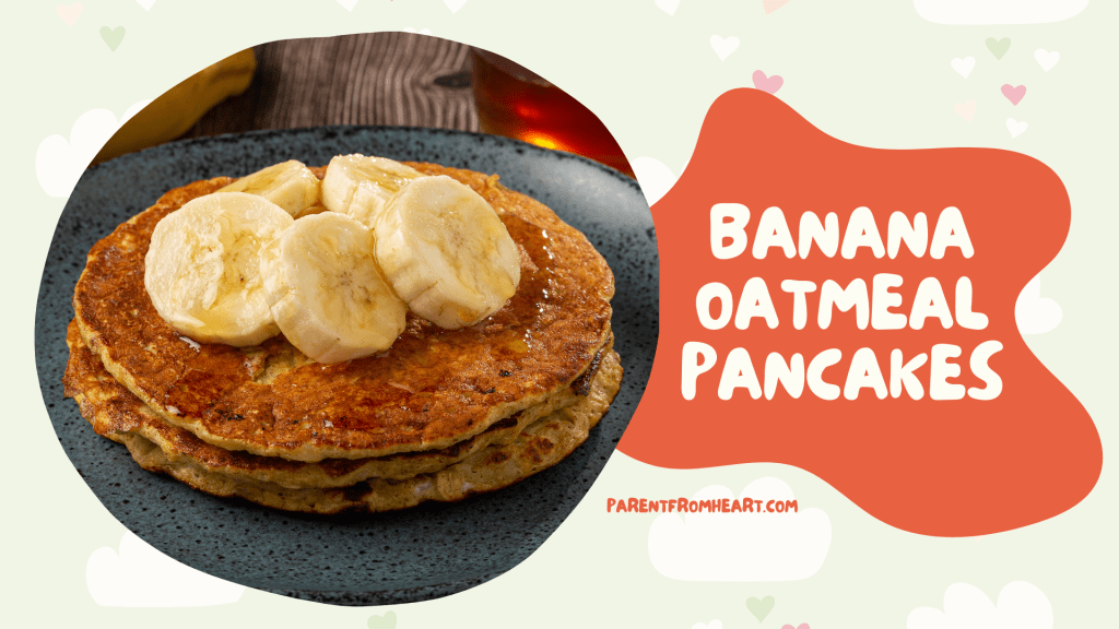 A banner with a picture and text of banna oatmeal pancakes.