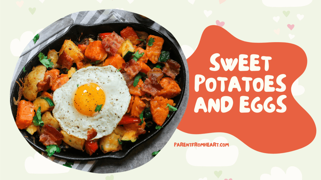 A banner with a picture and text of sweet potatoes and egg.