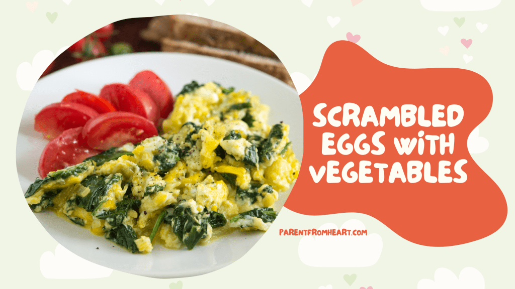 A banner with a picture and text of scrambled eggs with vegetables.