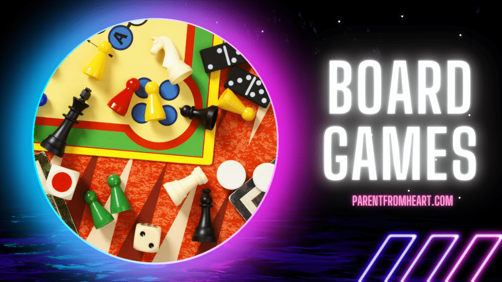 A neon banner with a picture and text  about board games.