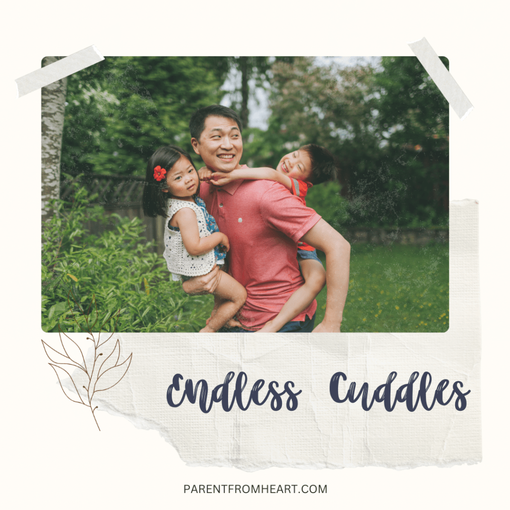 A mom lying down holding her son and the text "Endless Cuddles."