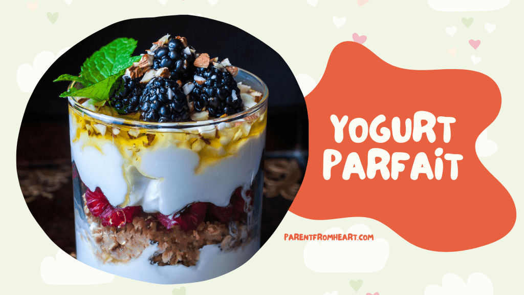 A banner with a picture and text of yogurt parfait.