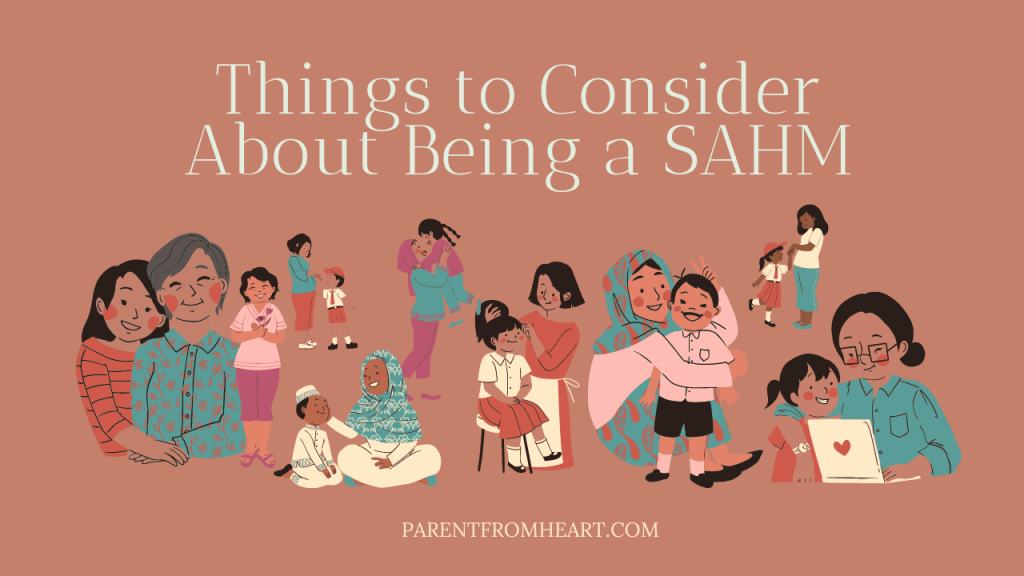 A banner with 9 different moms and the text "Things to Consider About Being a SAHM."