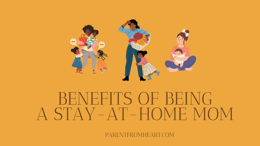 A banner with three moms with their children and the text "Benefits of Being a Stay-at-Home Mom."