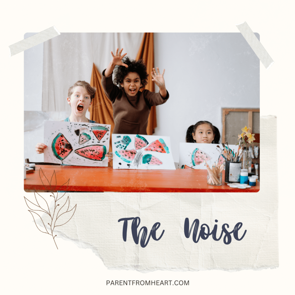 Three kids showing their art work while screaming and the text "The Noise."