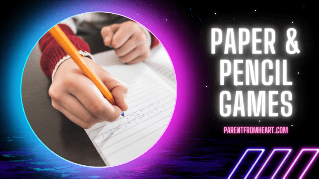 A neon banner with a picture and text  about paper and pencil games.