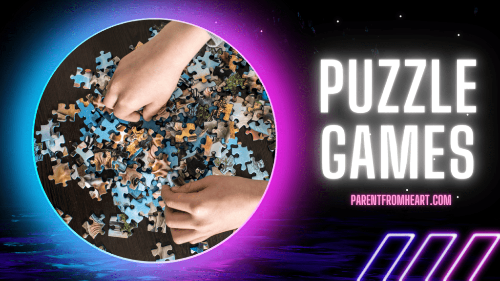 A neon banner with a picture and text  about puzzle games.
