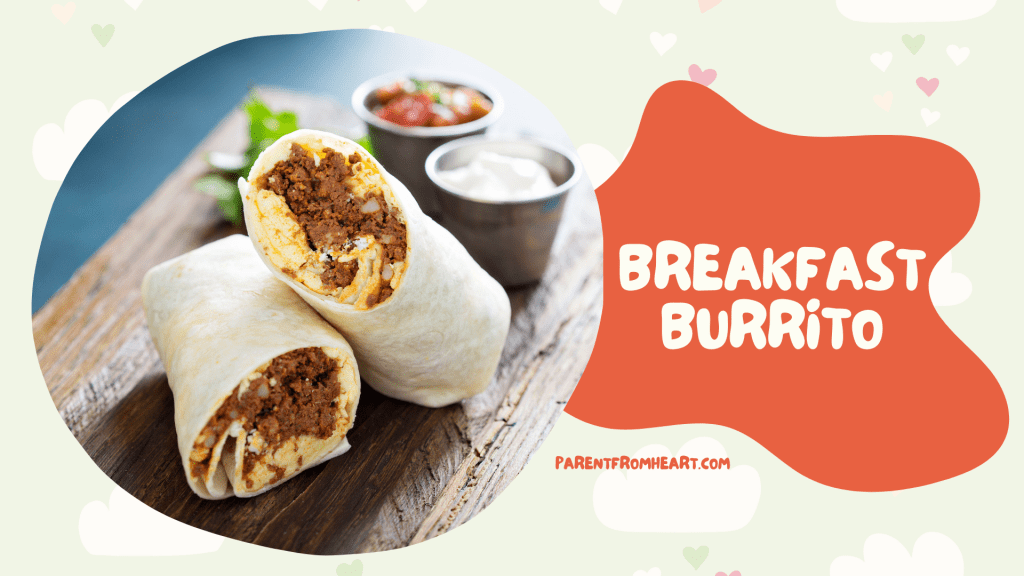 A banner with a picture and text of breakfast burrito.