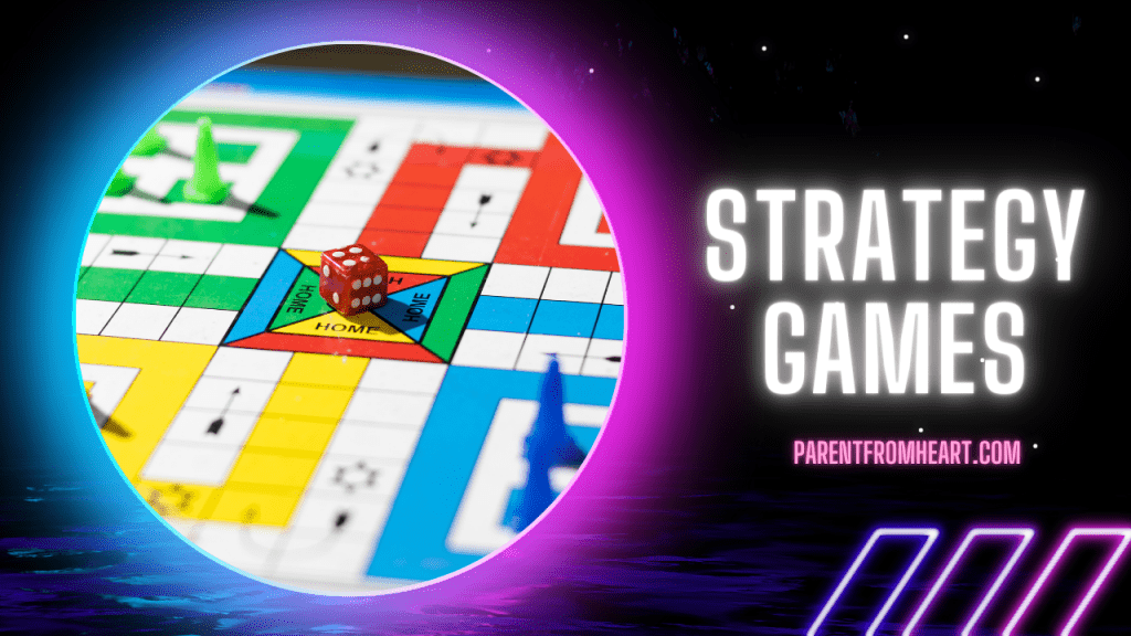 A neon banner with a picture and text  about strategy games.