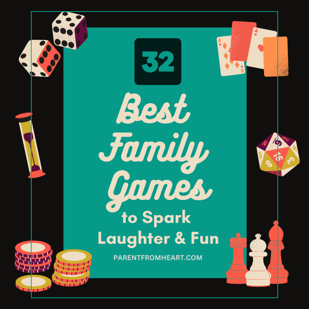 A Pinterest photo with "32 Best Family Games to Spark Laughter and Fun" text and symbols of games.