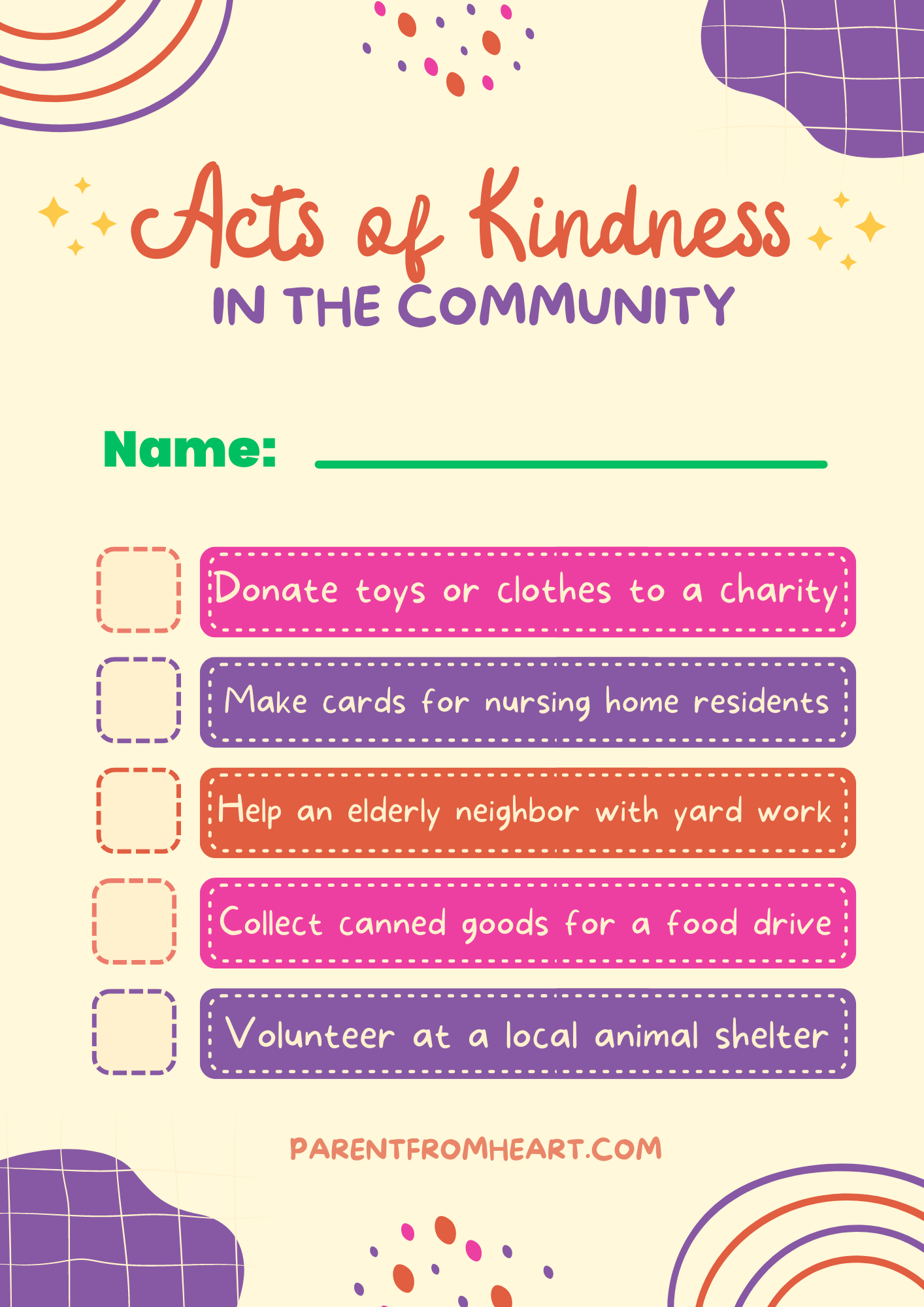 A checklist for kids: Acts of Kindness in the Community.