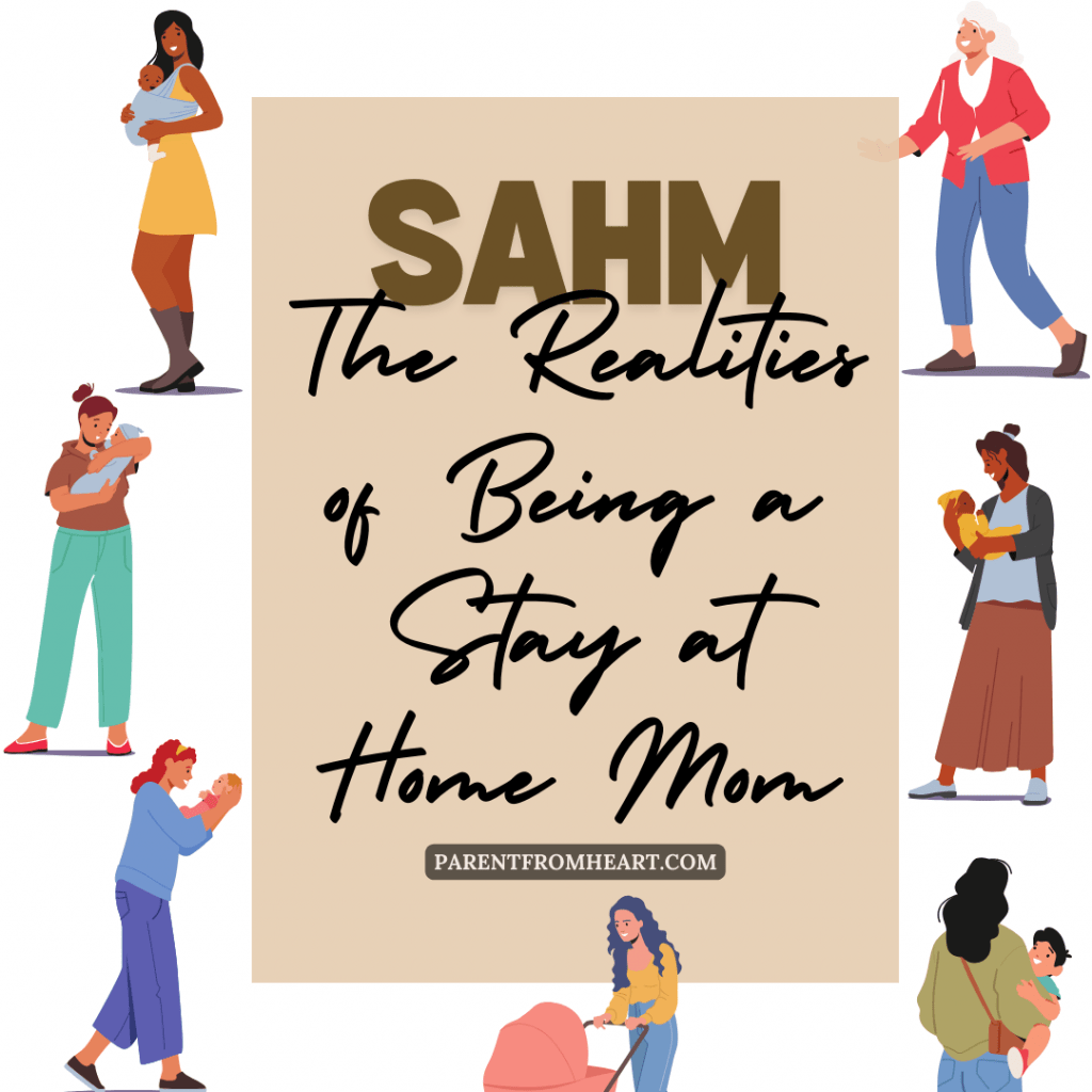 A Pinterest cover photo of women and the text "SAHM: The Realities of Being a Stay-at-Home Mom."
