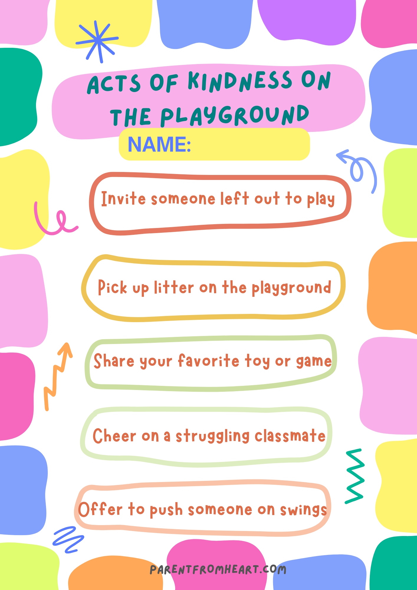 A checklist for kids: Acts of Kindness on the Playground.