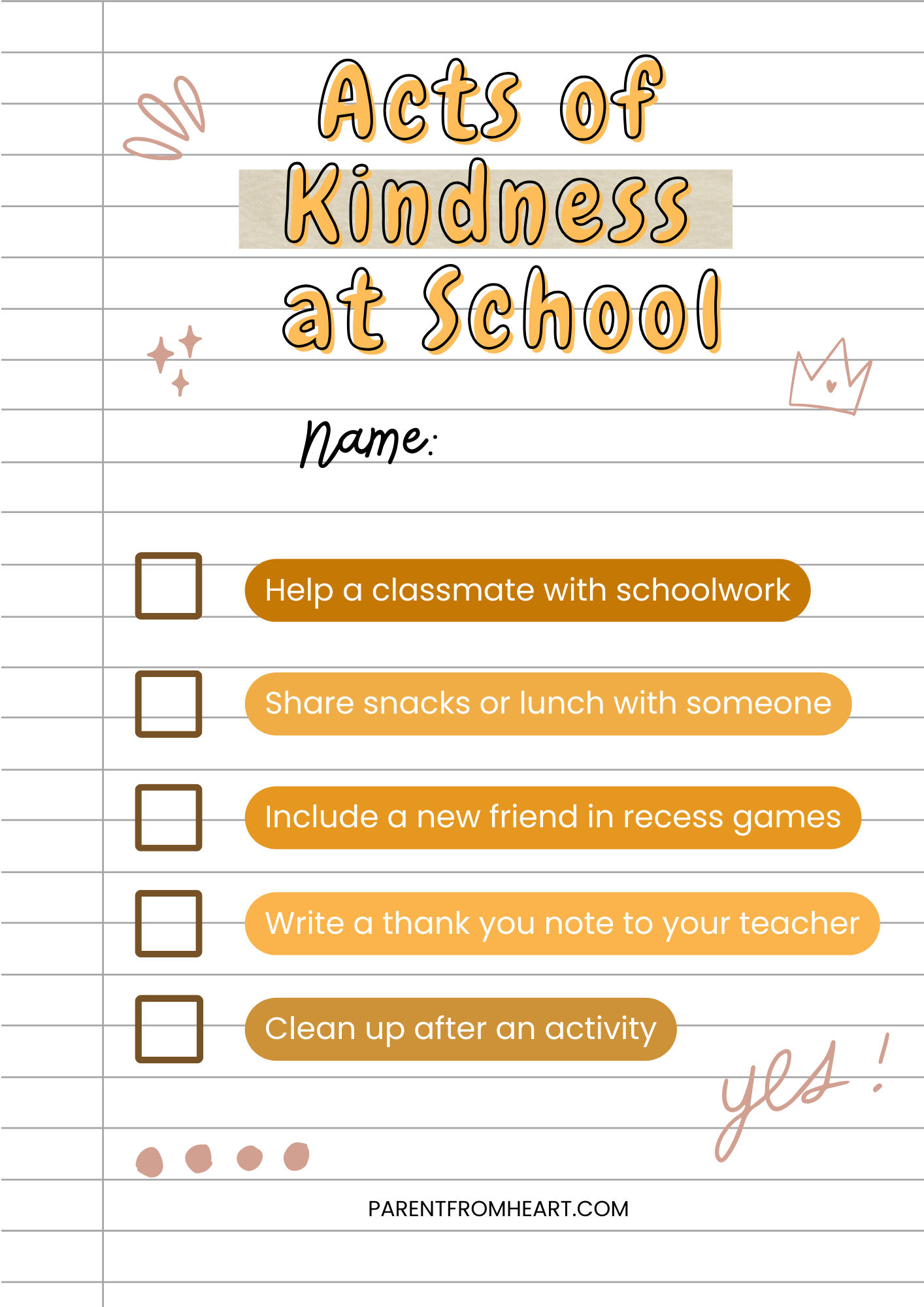 A checklist for kids: Acts of Kindness at School.