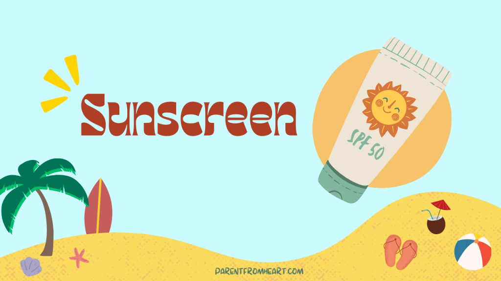 A colorful banner with a beach theme and the text "Sunscreen."