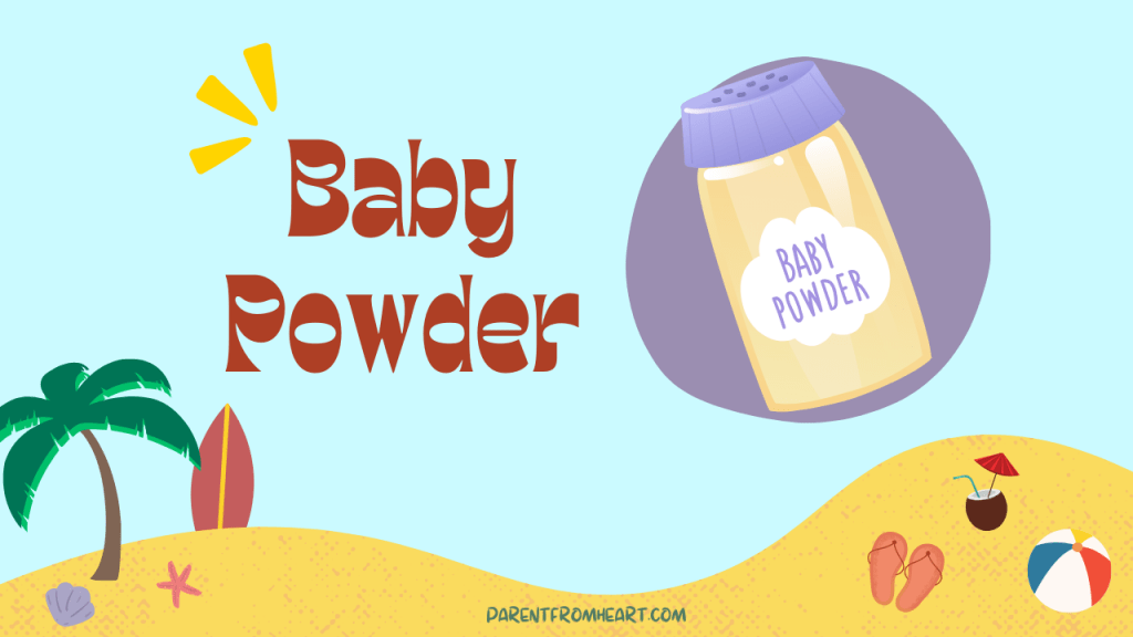 A colorful banner with a beach theme and the text "Baby Powder."