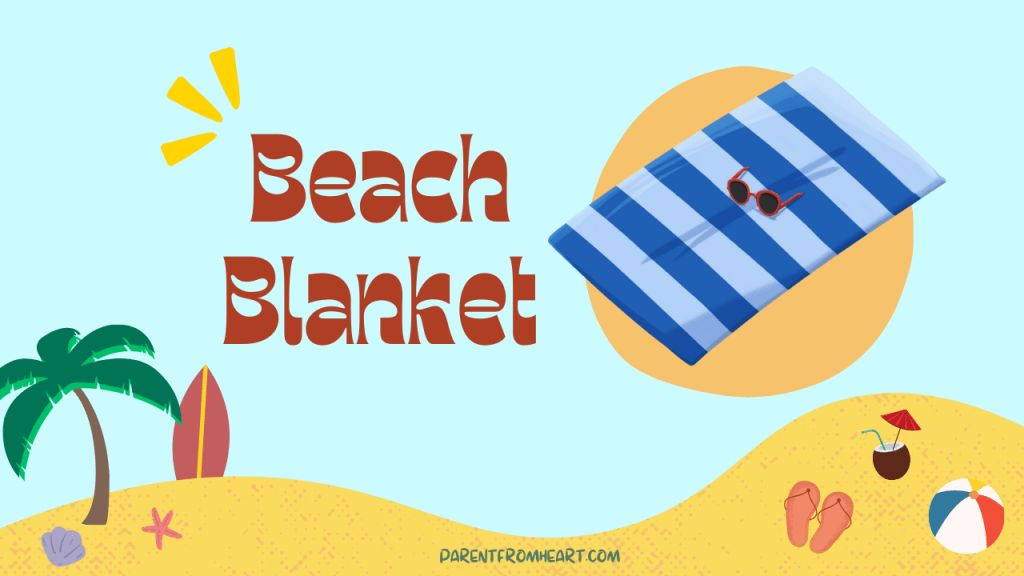 A colorful banner with a beach theme and the text "Beach Blanket."