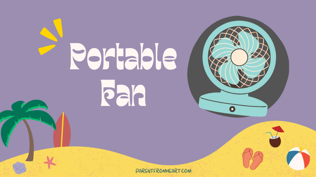 A colorful banner with a beach theme and the text "Portable Fan."