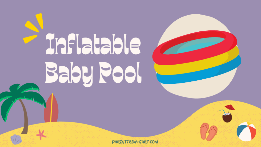 A colorful banner with a beach theme and the text "Inflatable Baby Pool."