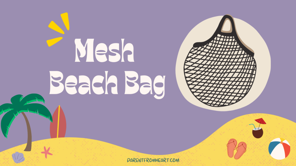 A colorful banner with a beach theme and the text "Mesh Beach Bag."