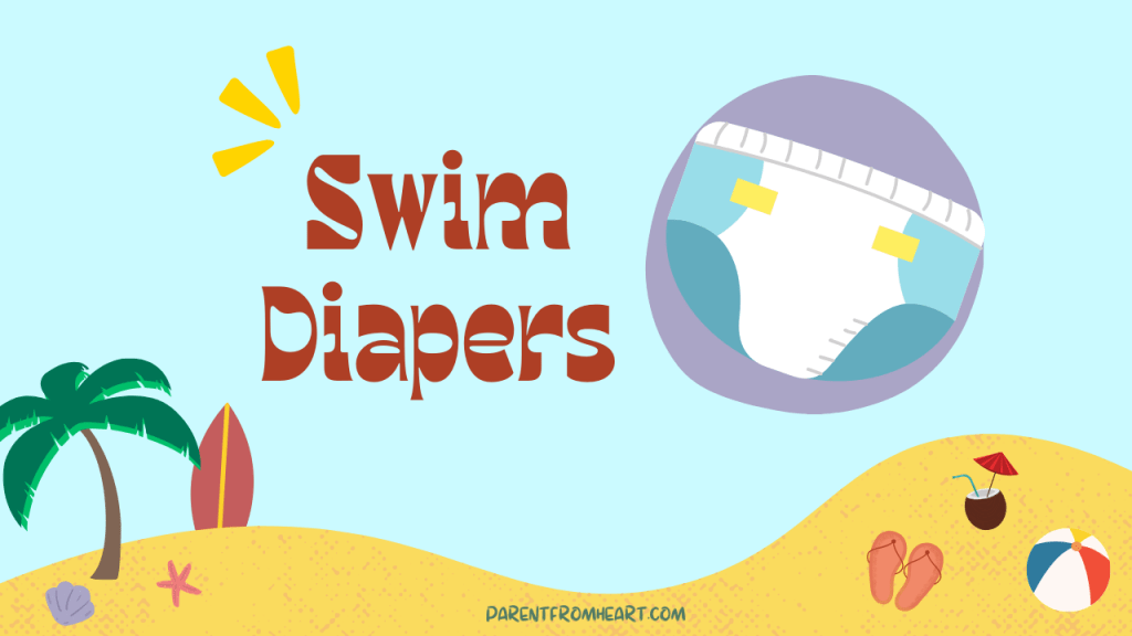 A colorful banner with a beach theme and the text "Swim Dieapers."
