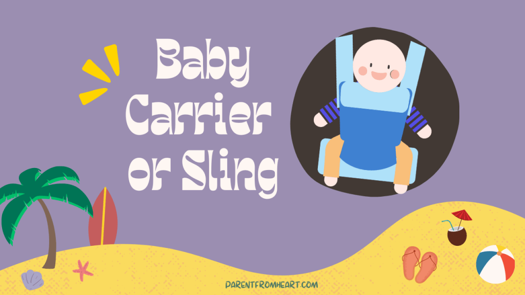 A colorful banner with a beach theme and the text "Baby Carrier or Sling"