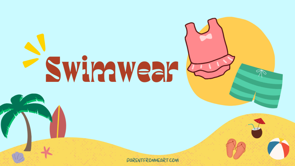 A colorful banner with a beach theme and the text "Swimwear."