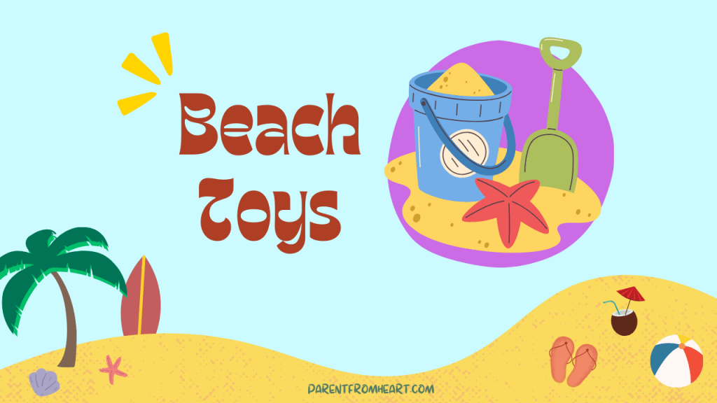 A colorful banner with a beach theme and the text "Beach Toys"