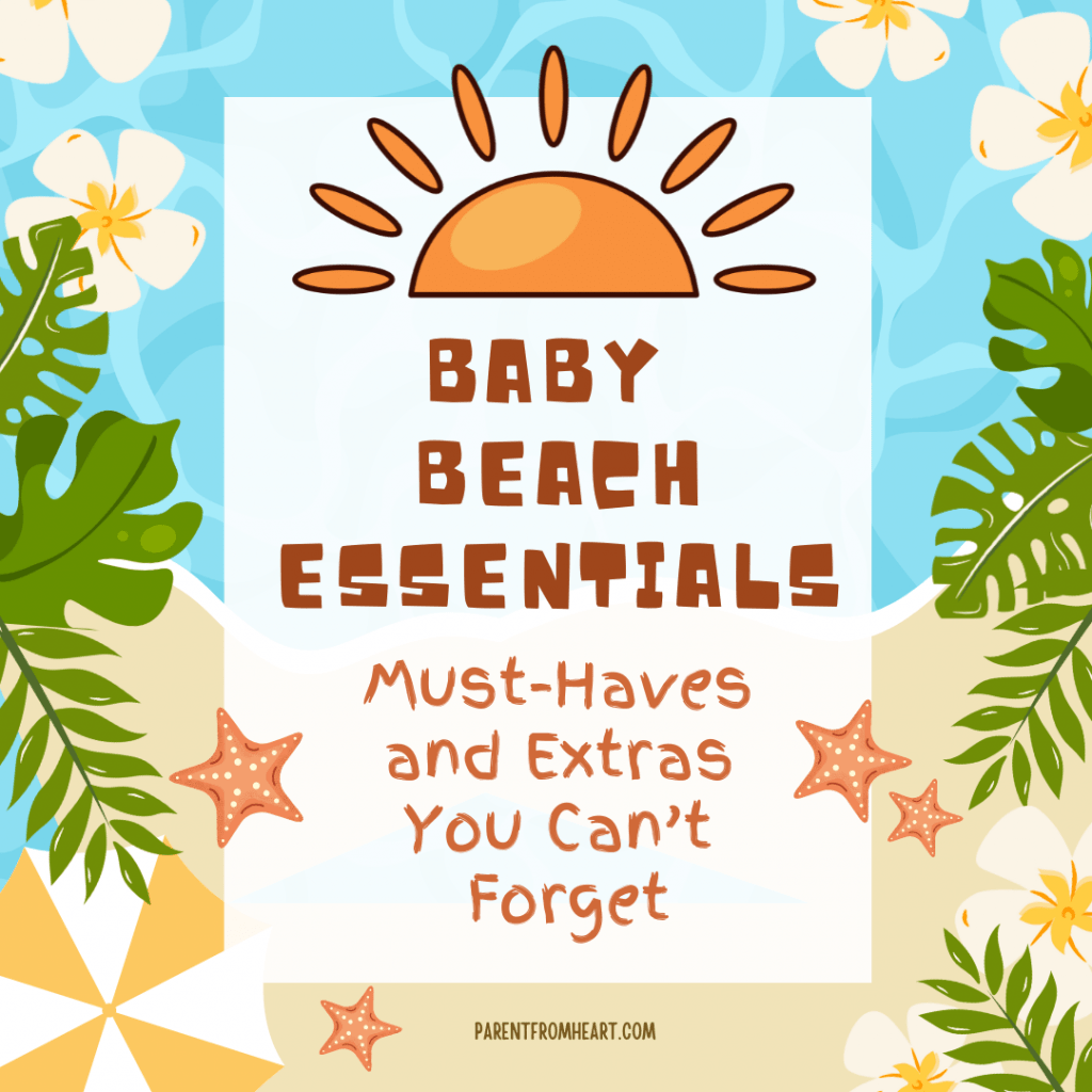 Colorful Illustrative Summer Beach Party Event Flyer with the text "Baby Beach Essentials: Must-Haves and Extras You Can’t Forget."