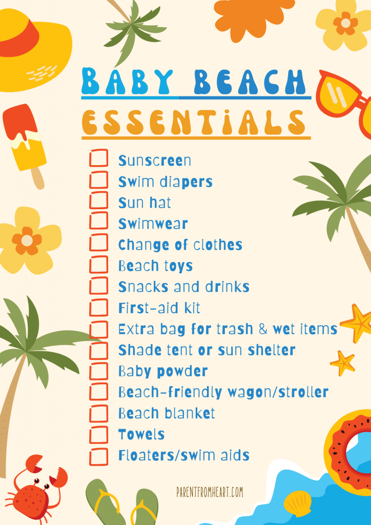A colorful checklist with beach designs and the text "15 Beach Must-Haves For Baby."