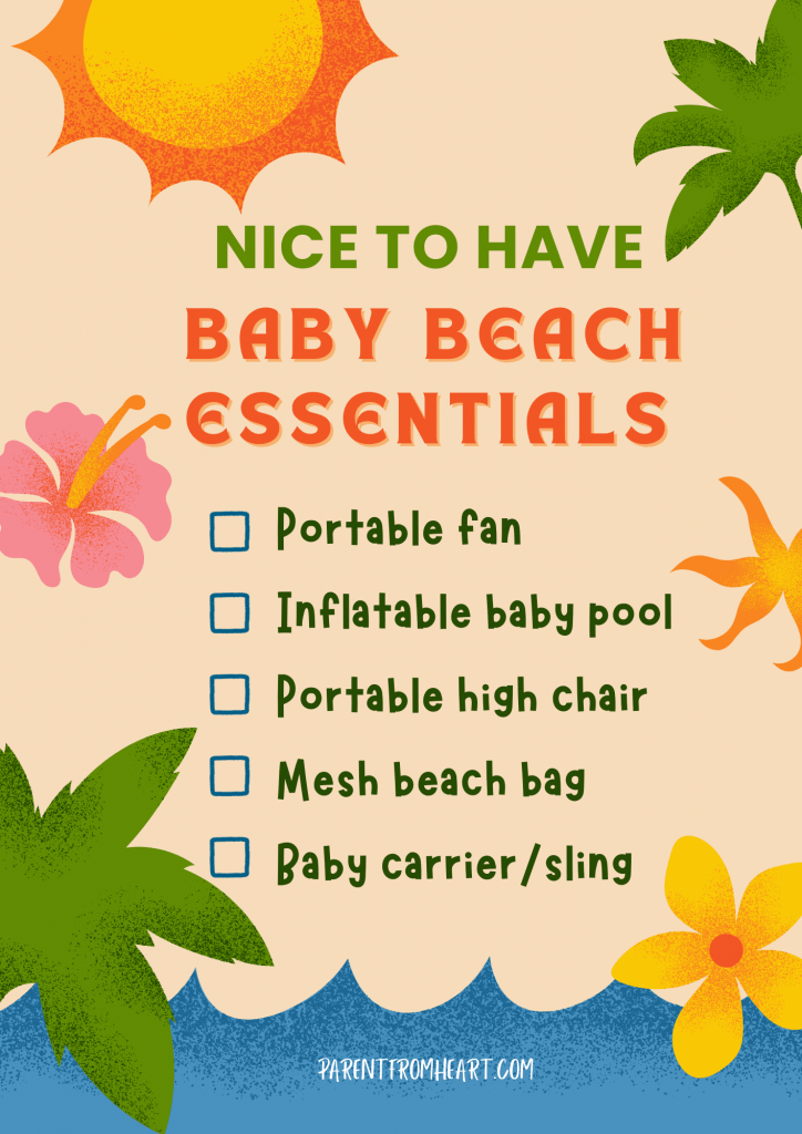 A colorful checklist with beach designs and the text "5 Nice To Have Baby Beach Essentials."